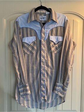 Vintage MWG Men’s Light Blue and Tan Plaid Western Snap Shirt